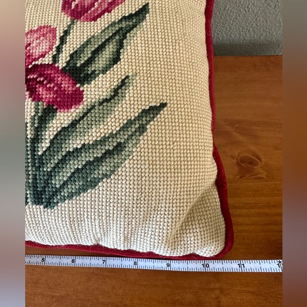 Vintage Needlepoint Pink Floral Throw Pillows Red Velvet Back 11 x 11 Handmade - Picture 5 of 5